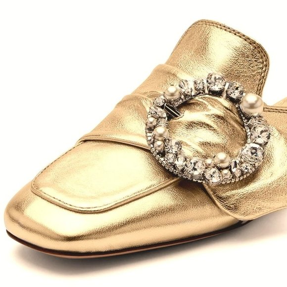 Miu Miu Metallic Gold Pearly-buckle Leather Mules/Slides - Picture 1 of 1
